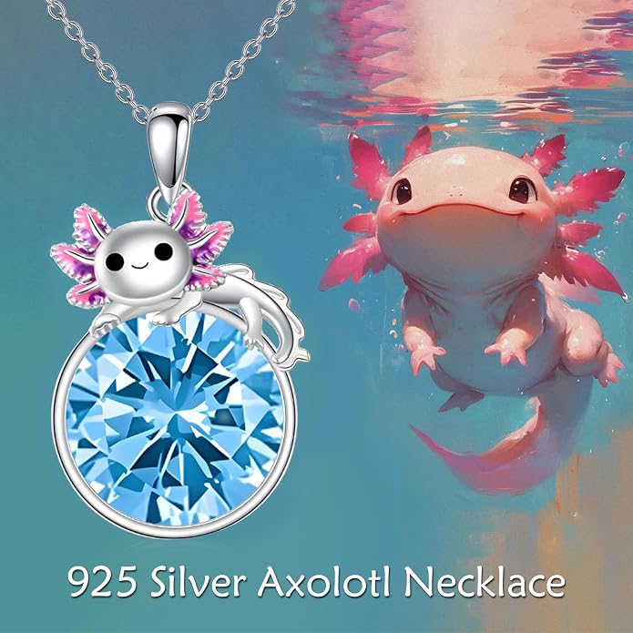 Birthstone Axolotl Necklace Sterling Silver Axolotl Pendant Cubic Zirconia Jewelry Birthday Gifts for Women Men