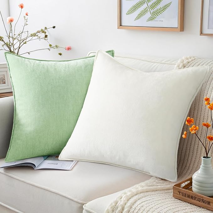 decorUhome Chenille Cream White Velvet Throw Pillow Covers 20x20 Set of 2 | Fall Soft Couch Decorative Modern Farmhouse Pillow Cases with Elegant Design for Sofa Bed Living Room Home Decor