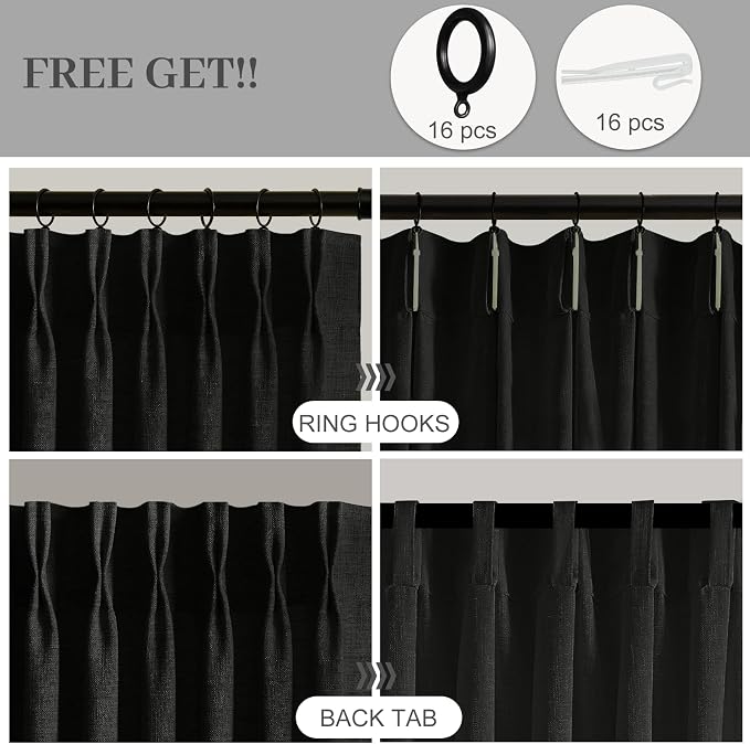 IVAPUPU Black Pinch Pleated Curtains 96 Inches Long for Living Room, Semi Sheer Privacy Linen Curtain Memory Trained Back Tab Drapes with Hooks Rings for Farmhouse Dining Room, 2 Panels, W40xL96