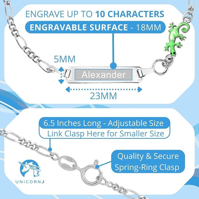 UNICORNJ 925 Italy Sterling Silver Child or Baby Name Bracelet Girls Boys, Personalized Engraved Kids ID Bracelets, 6.5" Figaro Chain, Enamel Charm Newborn Infant Toddler Kid Jewelry