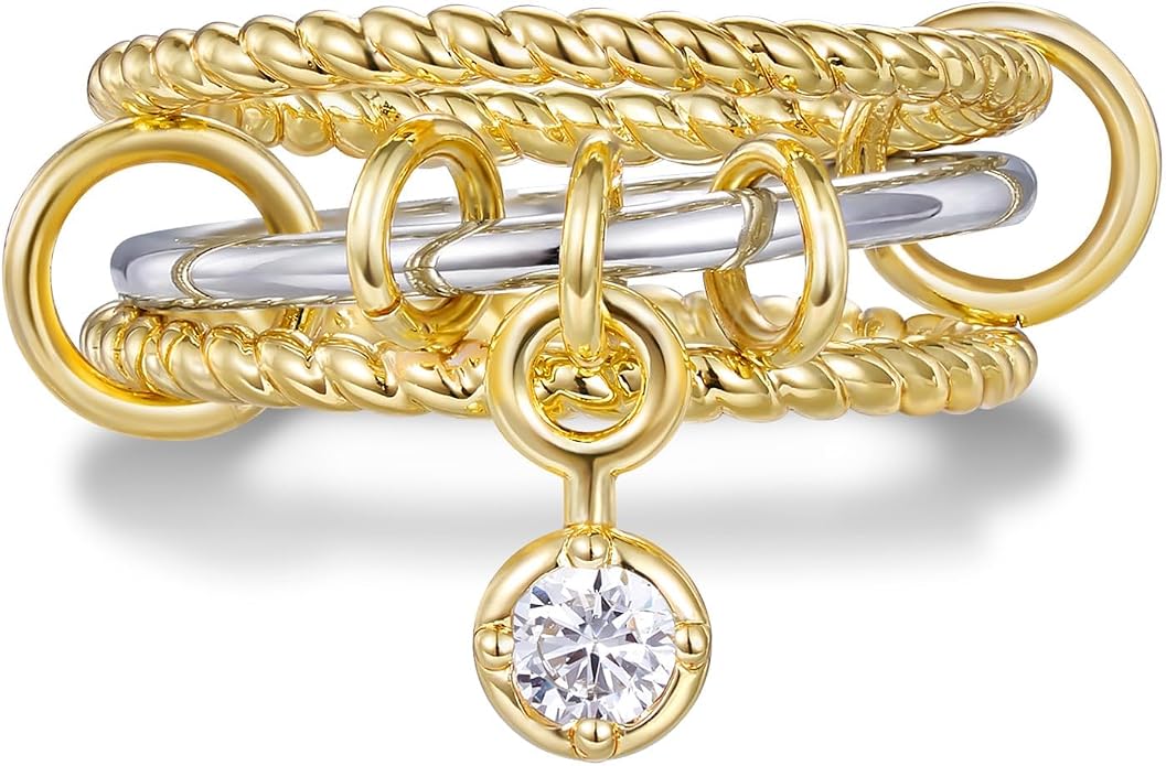 KissYan Stackable Rings for Women, 14k Gold Plate Interlocked Multi Ring Set Dainty Pave CZ Personalized Fashion Two-Toned Mixed Metals Stacking Jewelry Trendy Statement Gift