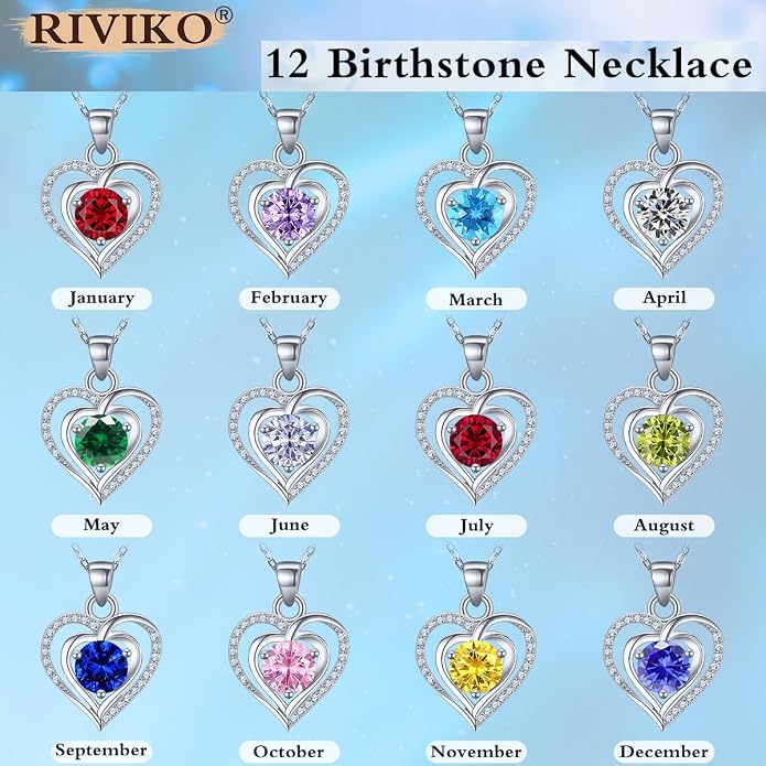 RIVIKO Heart Birthstone Pendant Necklace for Women 925 Sterling Silver Zirconia Necklaces Valentine's Day Anniversary Birthday Mothers Day Jewelry Gifts For Her Mother Wife