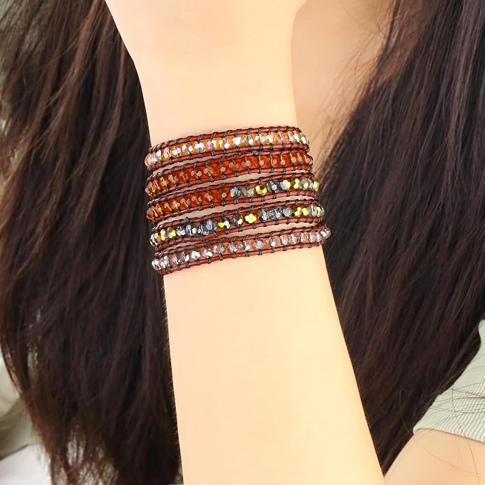 KELITCH Pearl Crystal Beads Bracelets Handmade Natural Leather 5 Wrap Bracelet for Women Classic Bangle Jewelry