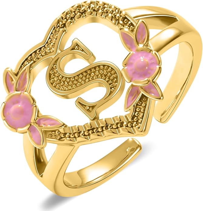 Gold Initial Rings for Women - Non Tarnish Dainty 14K Gold Plated Heart Adjustable Letter Rings for Women, Stackable Cute Thumb Pinky Fashion Open Simple Birthday Gifts Jewelry