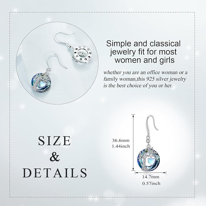 POPLYKE Tree of Life Birthstone Earrings 925 Sterling Silver Dainty Gemstone Birthstone Dangle Drop Earring with Crystal Fine Jewelry Birthday Gifts for Women Her