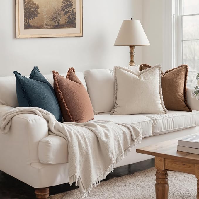 MIULEE Fall Linen Fringe Pillow Covers Set of 4 20x20 Beige/Brown/Blue | Boho Farmhouse Decorative Throw Pillow Covers, Neutral Soft Rustic Cushion Cases, for Couch Sofa Bed Living Room Home Decor