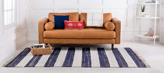 Unique Loom Chindi Rag Collection Area Rug - Striped (8'x 10' Rectangle, Navy Blue/ Ivory)
