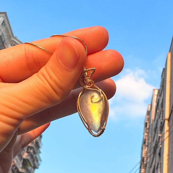 Handmade Wrapped Labradorite Crystal Pendant Necklace - Dainty Charm Copper Wired Necklace, Healing Crystals and Gemstones, Vintage Jewelry for Women, Men's Necklace, Boho Black Stone Protection Birthstone Jewelry