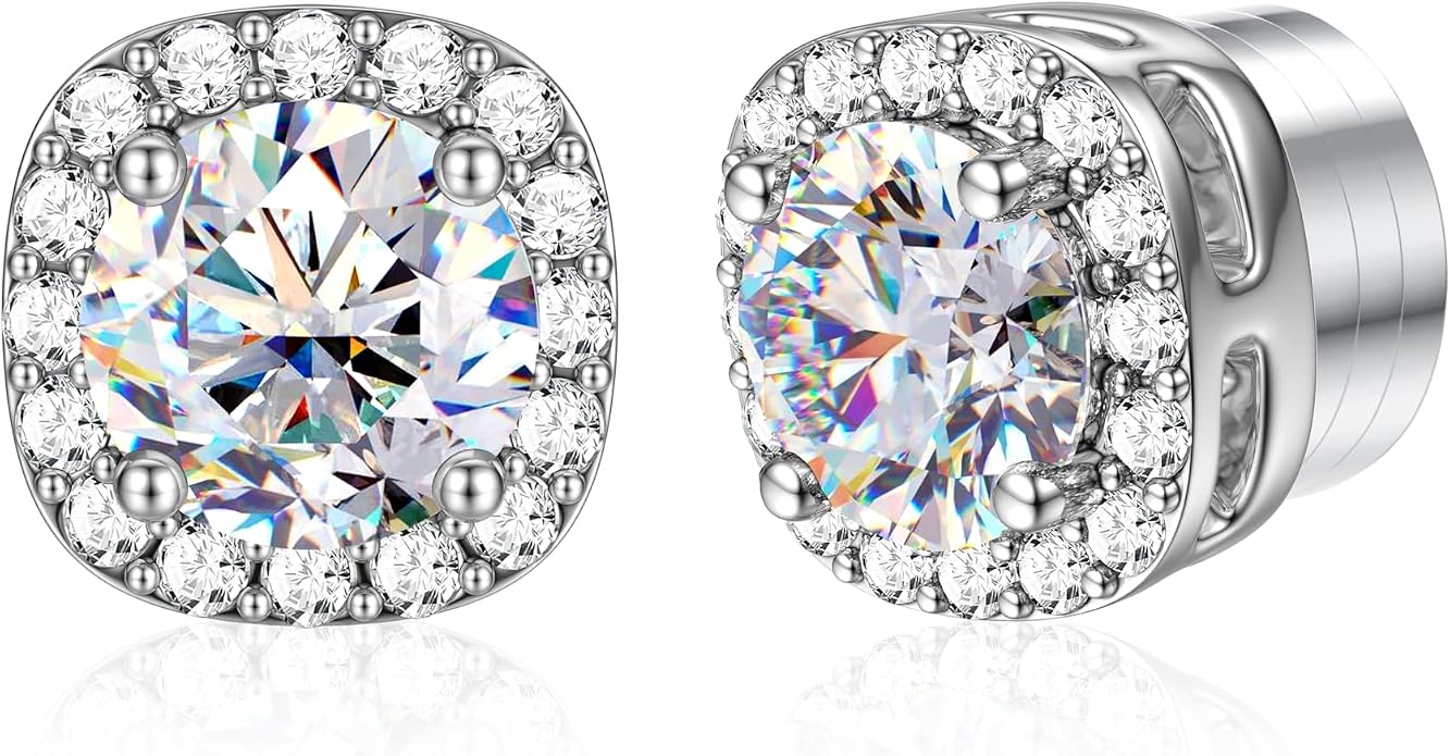 GEMQUEEN Moissanite Magnetic Earrings for Men : 18K White Gold Plated Hypoallergenic Stainless Steel Non Piercing Clip on Fake Earrings Studs Halo Round Square Diamonique Earring Women D Color VVS1