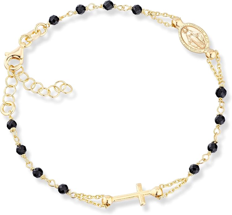 Miabella 18K Gold Plated 925 Sterling Silver Italian Natural Black Spinel Rosary Cross Charm Bead Bracelet for Women, Adjustable Link Chain, Bracelet made in Italy