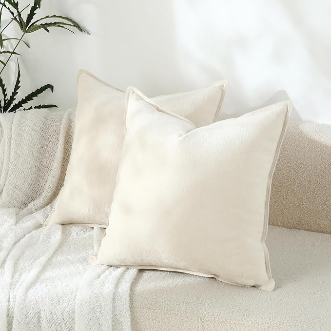 Stellhome Pack of 2 Soft Textured Throw Decorative Pillow Covers Square Accent Solid Chenille Cushion Cover Cozy Farmhouse Pillow Case for Couch Sofa Bedroom Living Room 22x22 Inch, Cream White