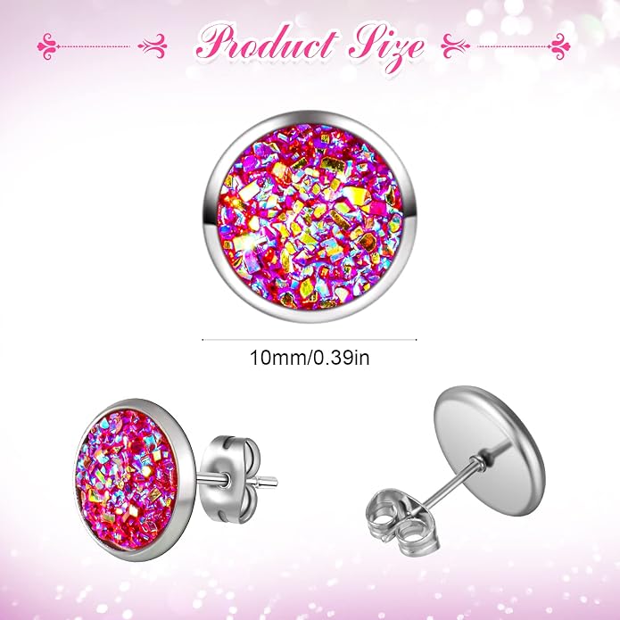 Epakh 64 Pairs Faux Druzy Stud Earrings Set Stainless Glitter Pierced Earrings for Women, 32 Colors