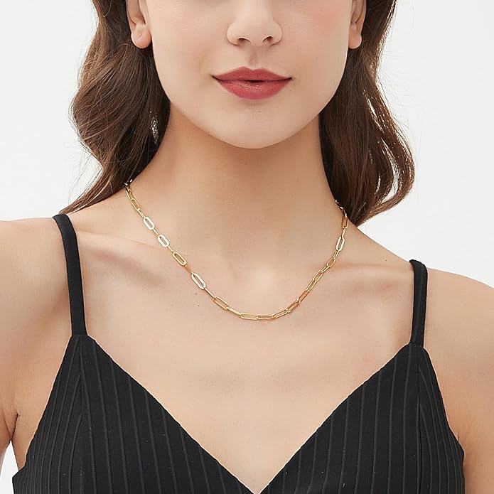 Jewlpire 14K Gold Plated 925 Sterling Silver Paperclip Chain Necklace for Women, 4mm 5mm Shiny & Sturdy Women's Chain Necklaces 16 18 20 22 24 26 Inch