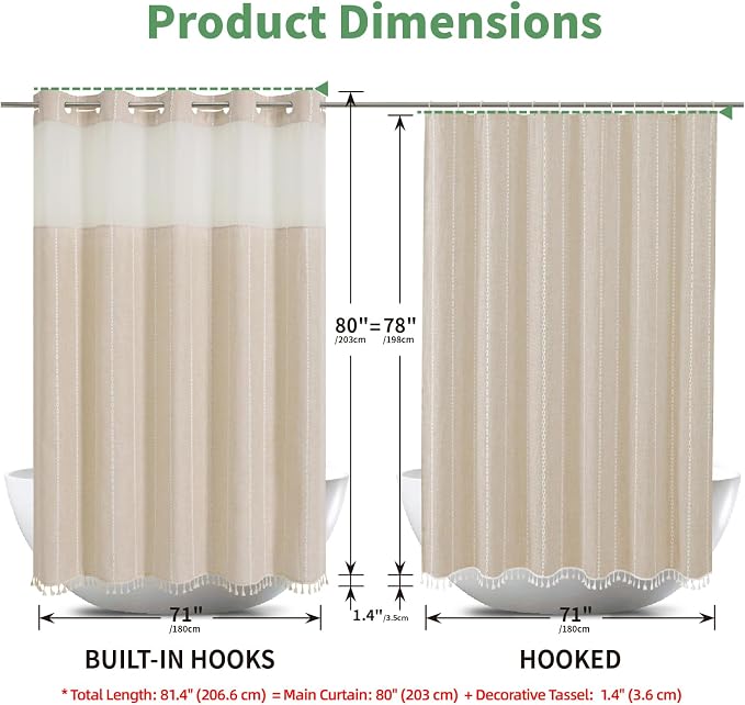 eachope No Hook Long Shower Curtain Set with Snap-in Fabric Liner,Linen Textured Thick Striped Fabric with Tassels,Boho Farmhouse Rustic Luxury Bathroom Curtain,Water-Repellent,Cream/Beige,71x80