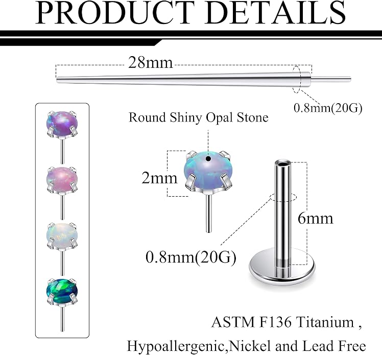 Ruifan Titanium Flat Back Lip Rings Threadless Push in Earrings Studs Nose Rings 20G 18G 16G Mix Colors Opal Tragus Cartilage Lobe Rook Helix Conch Labret Medusa Nostril Piercing Jewelry for Women Men