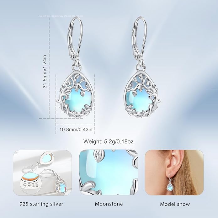 Vito 925 Sterling Silver Teardrop Earrings for Women, Moonstone Turquoise Drop Dangle Earrings Cat Snake Turtle Tree of Life Leverback Earrings Boho Jewelry Gift for Mom Wife