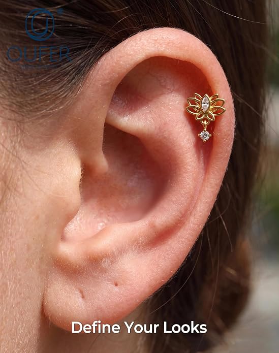 OUFER Silver Flat Back Earrings-16G Gold Forward Helix Piercing Jewelry, Internal Thread Clear CZ Pendant Helix Cartilage Tragus Conch Lobe Piercing Jewelry