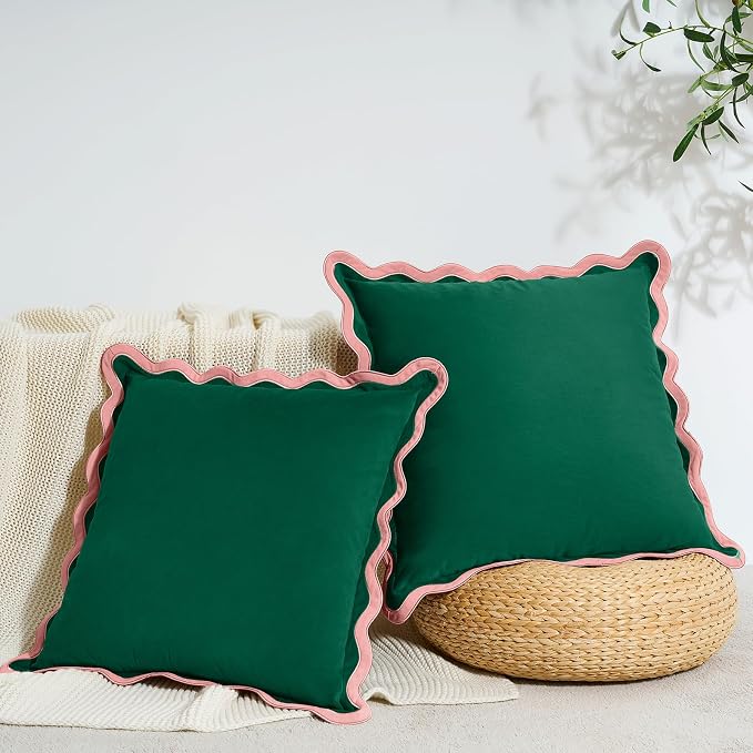 MONDAY MOOSE Decorative Throw Pillow Covers Cushion Cases, Set of 2 Soft Velvet Scalloped Wavy Edge Designs, Mix and Match for Home Decor, Pillow Inserts Not Included (16x16 inch, Pink/Green)