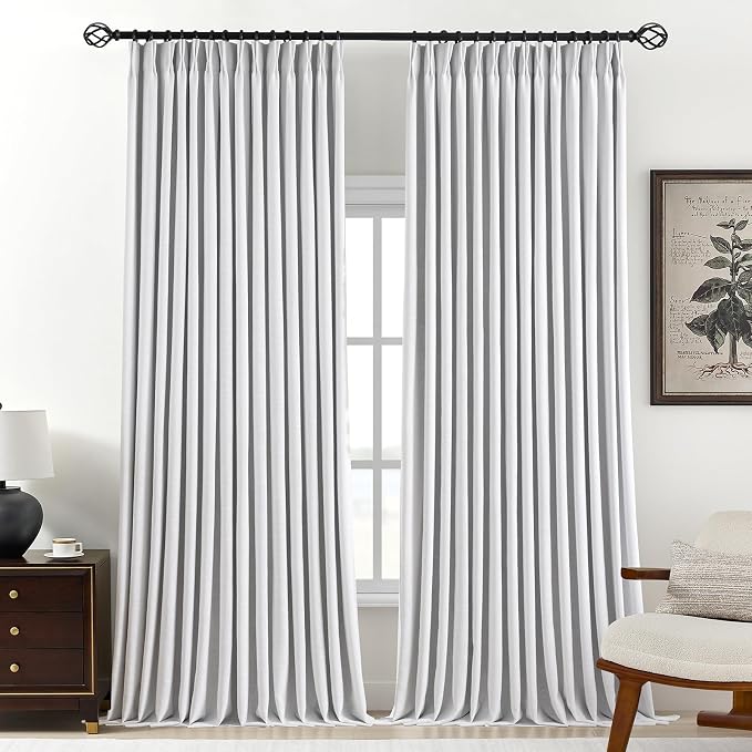 Pinch Pleated Curtains 100% Blackout Linen Curtains 108 Inches Long for Bedroom Living Room, White Memory Trained Thermal Insulated Room Darkening Window Pleat Drapes with Hooks, 2 Panels, 40"Wx108"L