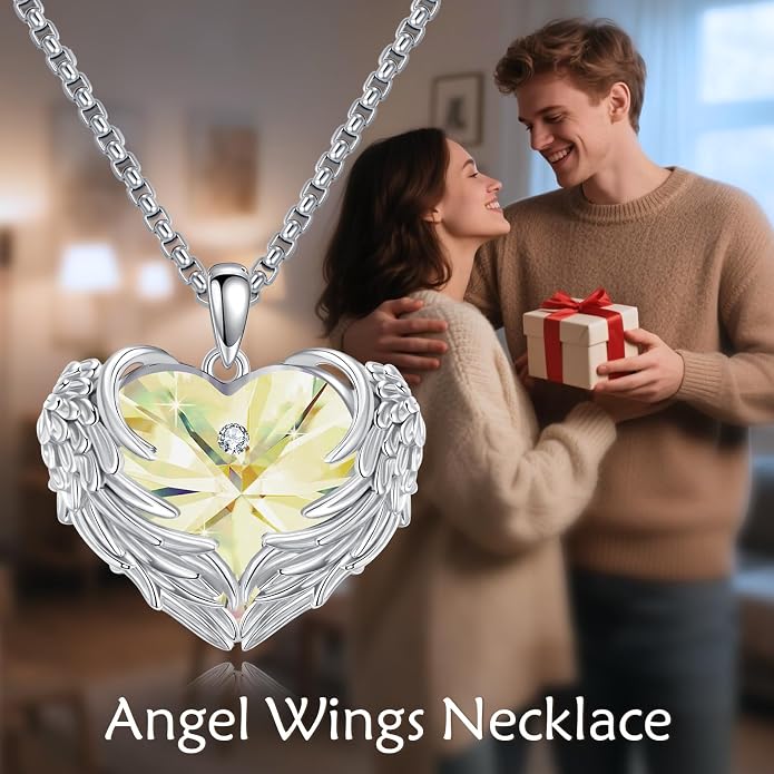 Angel Wings Necklace for Women 925 Sterling Silver Birthstone Guardian Necklace Jewelry Angel Wings Moonstone, Crystal Pendant Jewelry Gifts