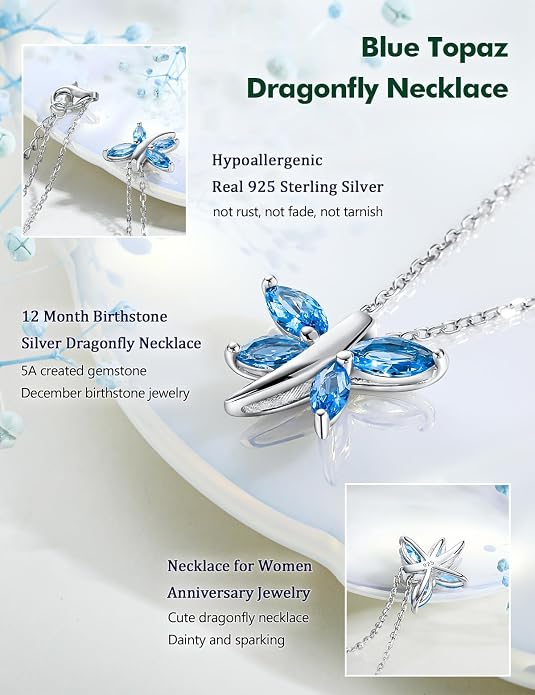 925 Sterling Silver Birthstone Necklaces for Women, Dainty Cute Dragonfly/Butterfly Pendant Necklace, Great Christmas/Anniversary Jewelry for Mother