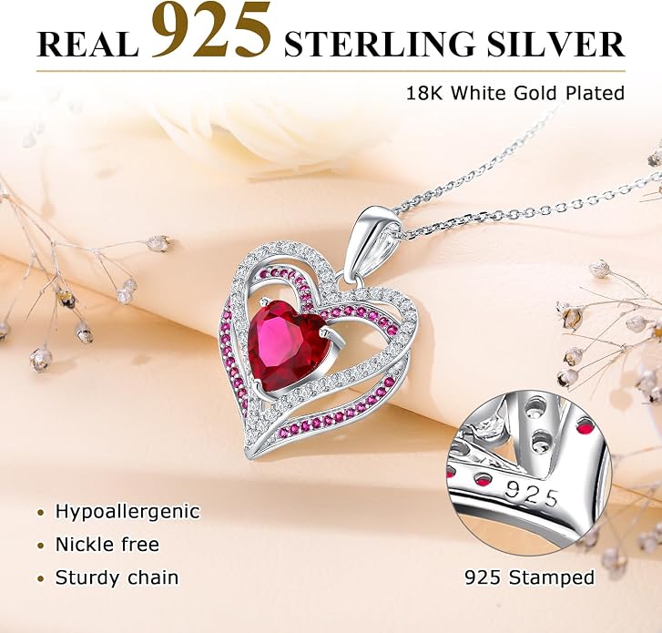 Anniversary Charm Necklace, Sterling Silver 14K Gold Plated Chain with Interlocking Heart Pendant Elegant Birthstone Necklaces for Women, Length 18"