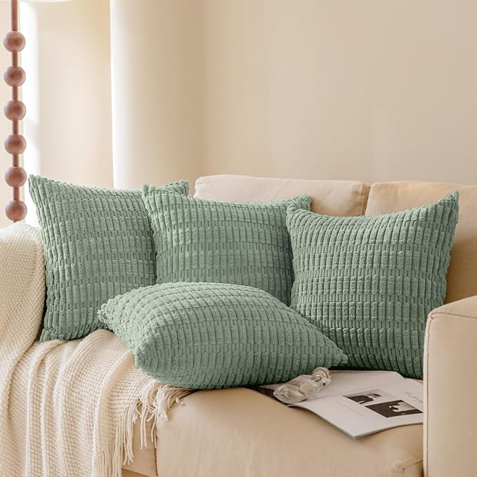 Softalker Throw Pillow Covers 16x16 Inch, Set of 4, Corduroy Soft Striped Farmhouse Boho Pillow Cover, Modern Decorative Cushion Pillow Case for Couch Sofa Bedroom Living Room, Sage Green