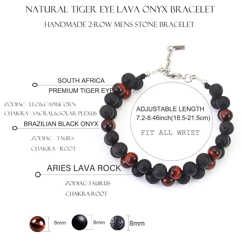 Protection Crystals Tiger Eye Beads Bracelet Natural Healing Red Tiger Eye Black Onyx Lava Stone Bracelet Mens Beaded Bracelets for Peace, Handmade Energy Jewelry for Father Husband Son