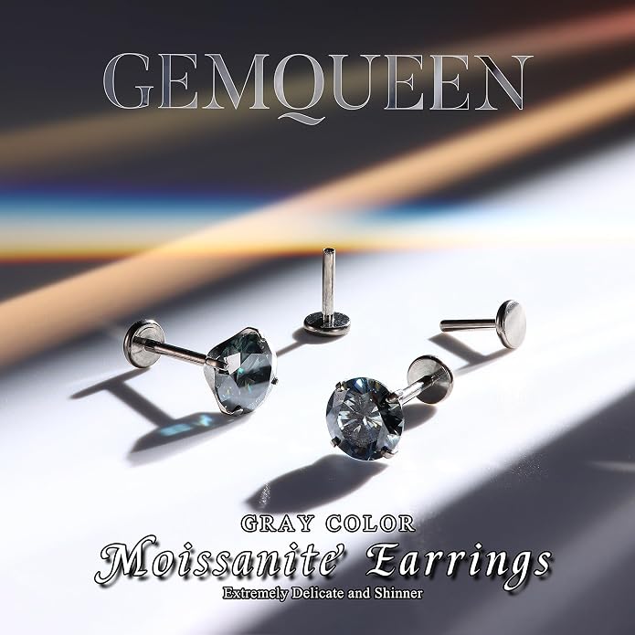 GEMQUEEN Moissanite Earrings G23 Titanium Extended Internal Thread Flat Back Earrings Hypoallergenic Tragus Cartilage Helix Conch Piercing Jewelry for Women Men 18G 6/8mm Post Gray/D Color 0.2-3CT