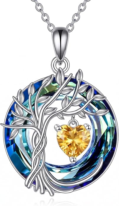CRMAD Tree of Life Necklace Birthstone Pendant Necklaces with Crystal Anniversary Birthday Wedding Jewelry for Mom Her Wife Sister