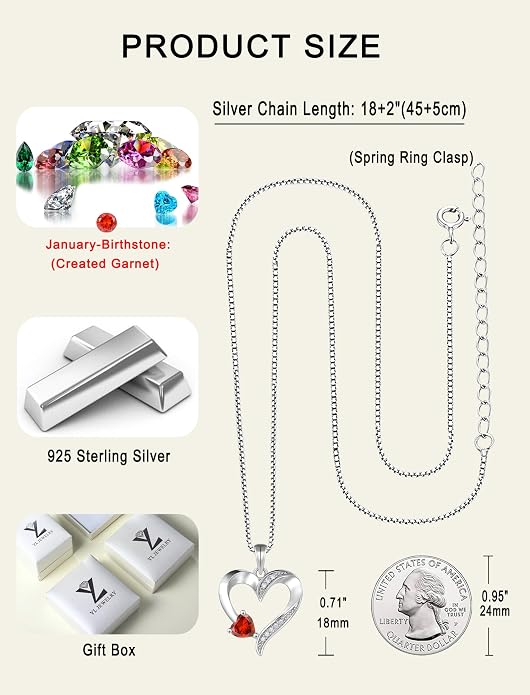 YL Heart Necklace 925 Sterling Silver Love Heart Pendant Birthstone Jewelry for Women