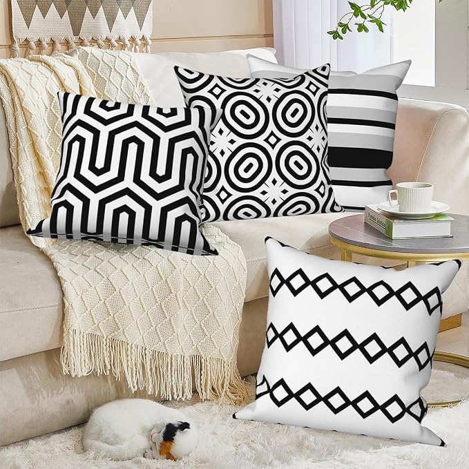 Black White Geometric Throw Pillow Cover 24"x24" Set of 4, Modern Minimalist Irregular Stripes Cushion Cover for Sofa Chair Couch Bed Office Garden Patio Farmhouse Indoor Outdoor