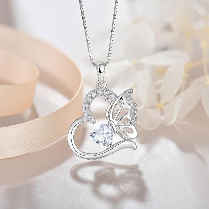 Butterfly Necklace for Women 925 Sterling Silver Heart Pendant Birthstones Jewelry Gift