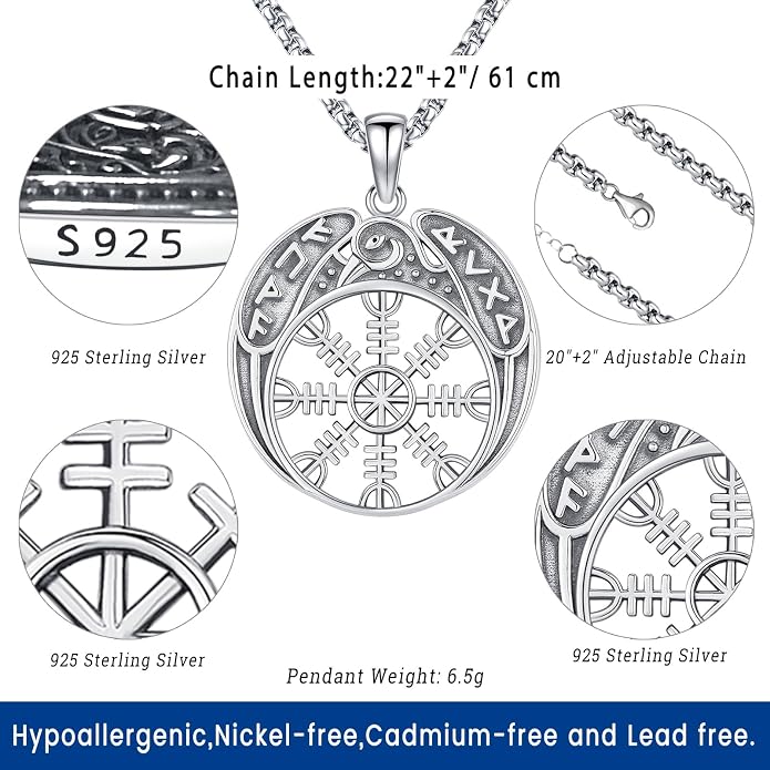 Eusense Viking Necklace for Men Women 925 Sterling Silver Pendant Thors Hammer/Norse Runes/Odin's Ravens/Wolf/Dragon/Snake/Yggdrasil/Freya/Helm of Awe/Valknut/Triskelion/Axe/Shield Viking Jewelry