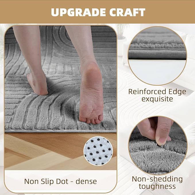 Grey 8x10 Solid Color Area Rugs – Washable Living Room Rug, Modern Geometric Non-Slip Indoor Carpet with Soft High-Low Pile, Fluffy Floor Rugs for Bedroom, Kids Room, Nursery, Home Décor