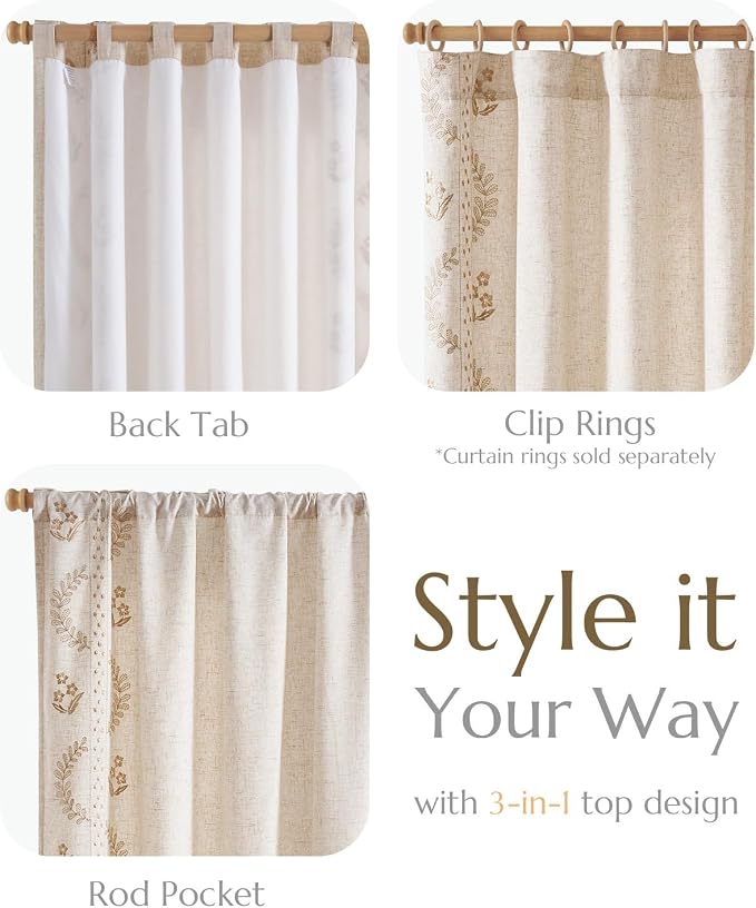 jinchan Floral Lined Linen Curtains 84 Inch Back Tab 2 Panels Beige | Embroidered curtains,privacy lining,boho curtains,light filtering,living room,bedroom,flower patterned,window treatment