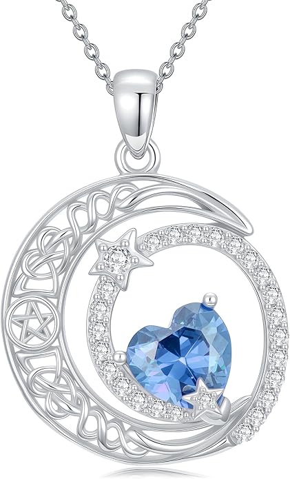 Dorunmo Heart Birthstone Necklace for Women 925 Sterling Silver Moon and Star Pendant Birthday Jewelry Gifts for Wife Her Daughter Mom