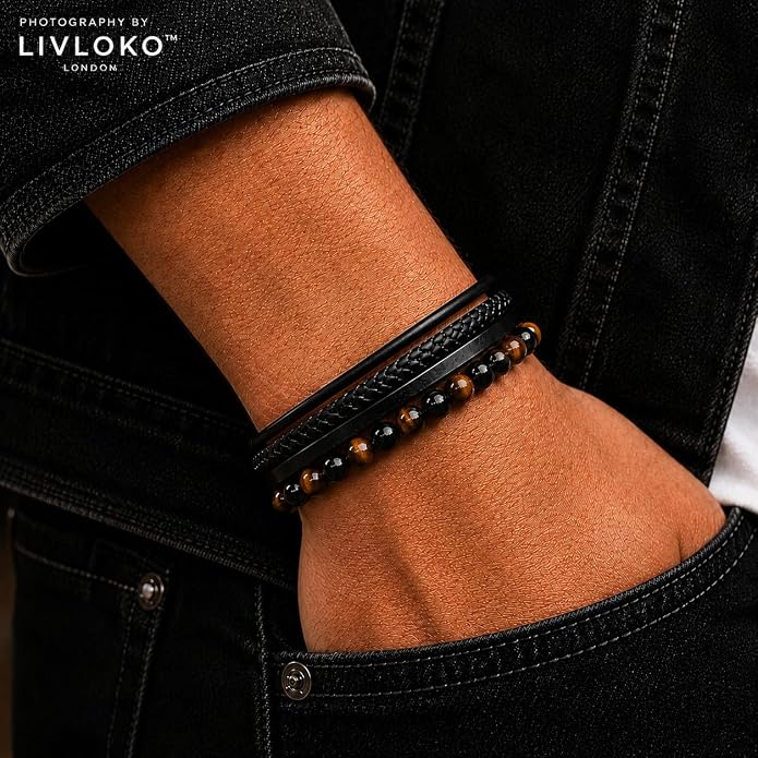 LONDON Mens Bracelet Leather Black Multi-Layer Stone Beads Adjustable Steel Clasp Viking Rope Bands Surfer Man Wristband Male UK Jewellery Gift box Boyfriend Dad Son Brother Tiger Eye