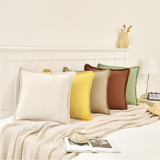 ZWJD Pillow Covers 20x20 Set of 2 Rust Throw Pillow Covers with Fringe Chic Cotton Decorative Pillows Square Cushion Covers for Sofa Couch Bed Living Room Farmhouse Boho Decor