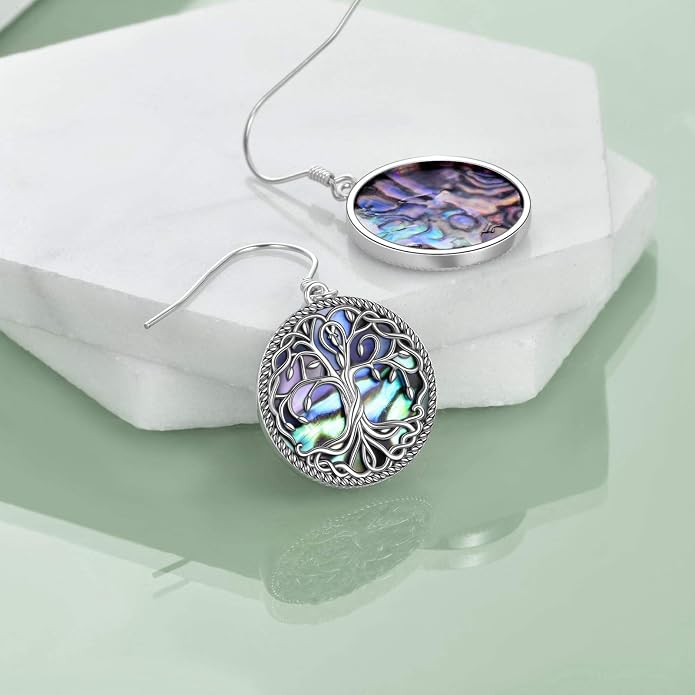 POPLYKE Celtic Tree of Life Earrings for Women Sterling Silver Family Tree Abalone Shell/Volcano Crystal Dangle Earrings Jewelry
