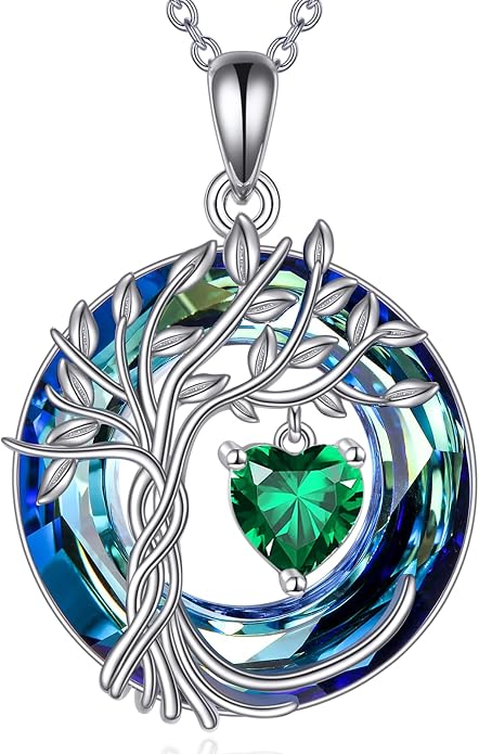 POPLYKE Mothers Day Gifts for Mom Her Wife Tree of Life Necklace 925 Sterling Silver Birthstone Pendant with Crystal Anniversary Birthday Wedding Jewelry for Women