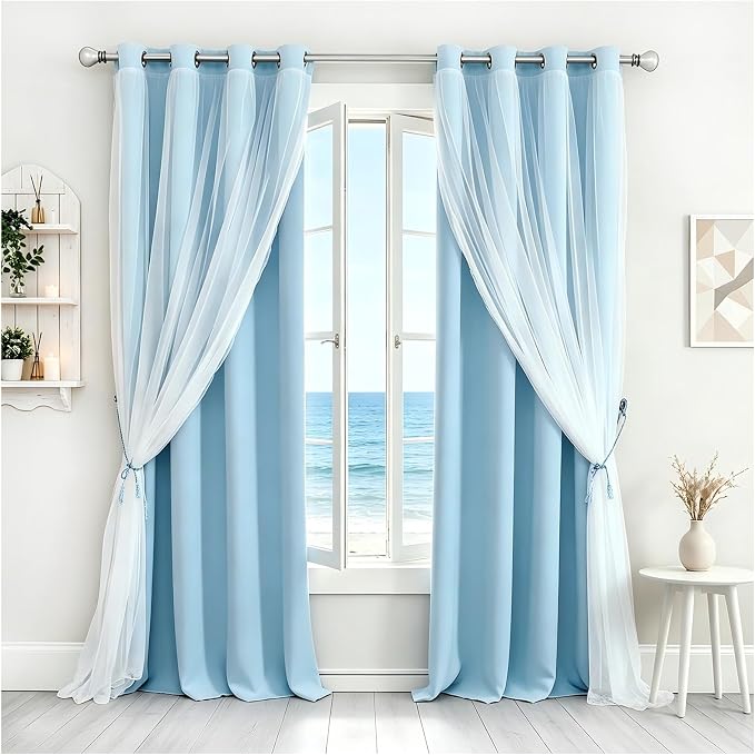 Blue Curtains 90 inch Length 2 Panels Set - Double Layered Blackout Curtain Drapes with White Sheer Voile and Lace Hem for Kids/Girls Bedroom Living Room Nursery (52x90 inch, Sky Blue)