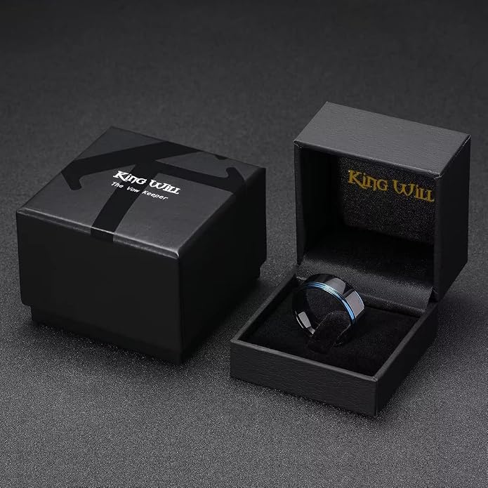 King Will 8mm Black Silver Mens Polished Tungsten Wedding Rings High Polish Surface Wedding Band Blue Silver Step Edge Comfort Fit