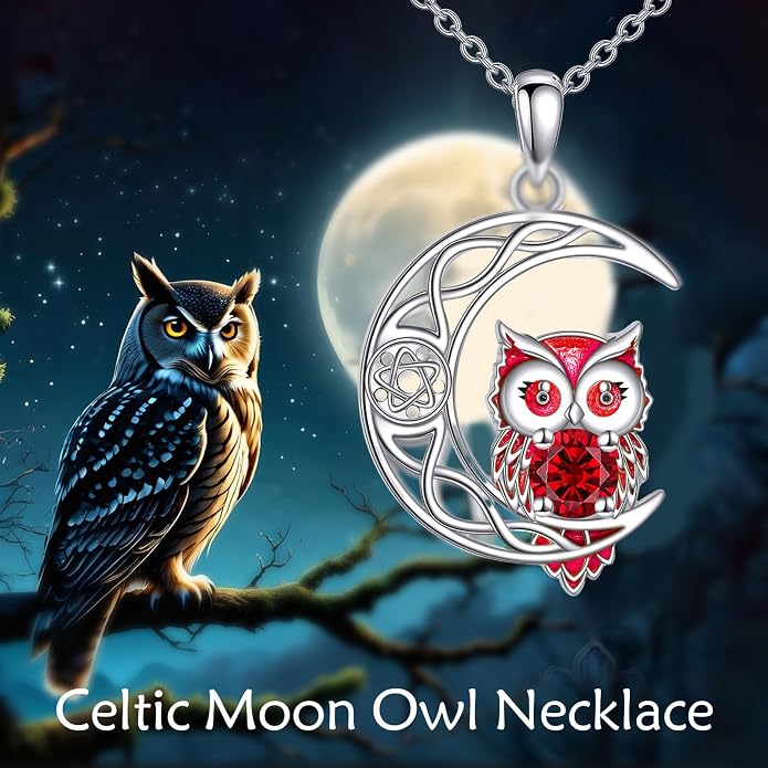 Owl Birthstone Necklace Sterling Silver Celtic Moon Pendant Cubic Zirconia Owls Jewelry Birthday Gifts for Women Men