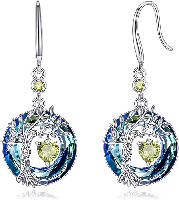 POPLYKE Tree of Life Birthstone Earrings 925 Sterling Silver Dainty Gemstone Birthstone Dangle Drop Earring with Crystal Fine Jewelry Birthday Gifts for Women Her