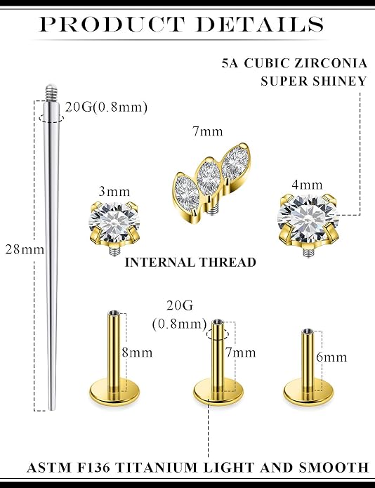 20G 18G 16G Astm F136 Titanium Internal Thread Flat Back Earrings Nose Studs Tragus Forward Helix Conch Cartilage Lobe Earring Stud Medusa Labret Monroe Lip Ring Piercing Jewelry For Women Men