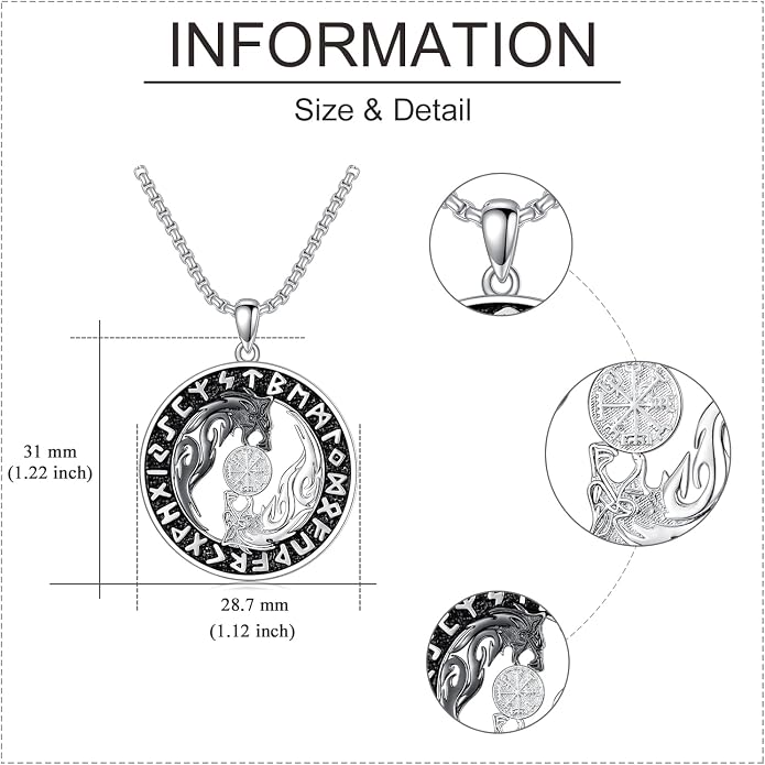 Viking Necklace for Men 925 Sterling Silver Viking Wolf/Thors Hammer/Vegvisir/Tree of Life/Compass Pendant Norse Necklace Amulet Talisman Christmas Gifts for Him Her