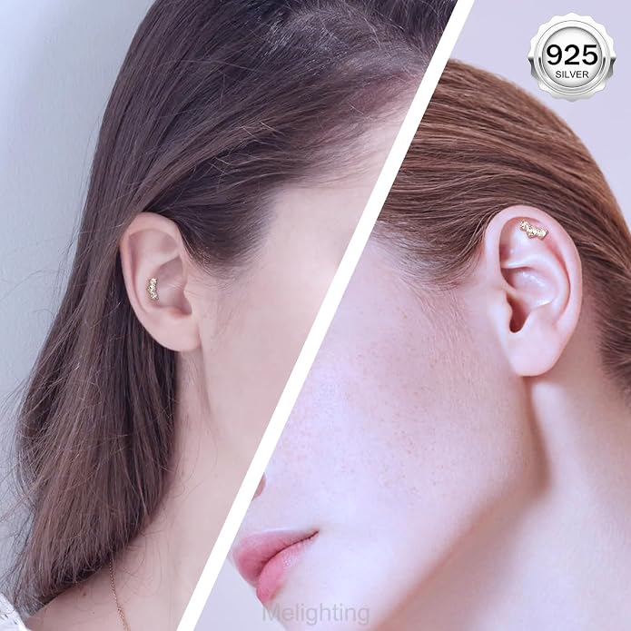 Melighting 16G Curved Helix Earring, Sterling Silver 925 Tragus Conch Stud Internally Threaded, Clear Marquise Round CZ Flat Back Lobe Labret Cartilage Piercing Jewelry for Women 6/8 mm