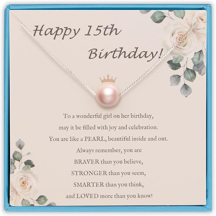 Sereney Sterling Silver Birthday Gifts for Girls Women, Pearl Necklace as 7 9 10 11 13 15 16 18 21 30 40 50 60 Year Old Birthday Gifts, Single Pearl Necklace as Bday Gifts for Friends