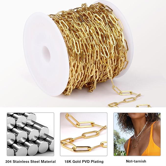 [33 Ft] Stainless Steel Paperclip Chains Roll, 2.5mm Width 18K Gold PVD Plated Stainless Steel Oval Link Chains Spool Bulk for Jewelry Making